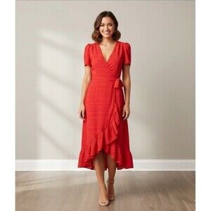 Charles Henry Size M Red Cocktail Party Dress Faux Wrap Ruffle Hem Date Night